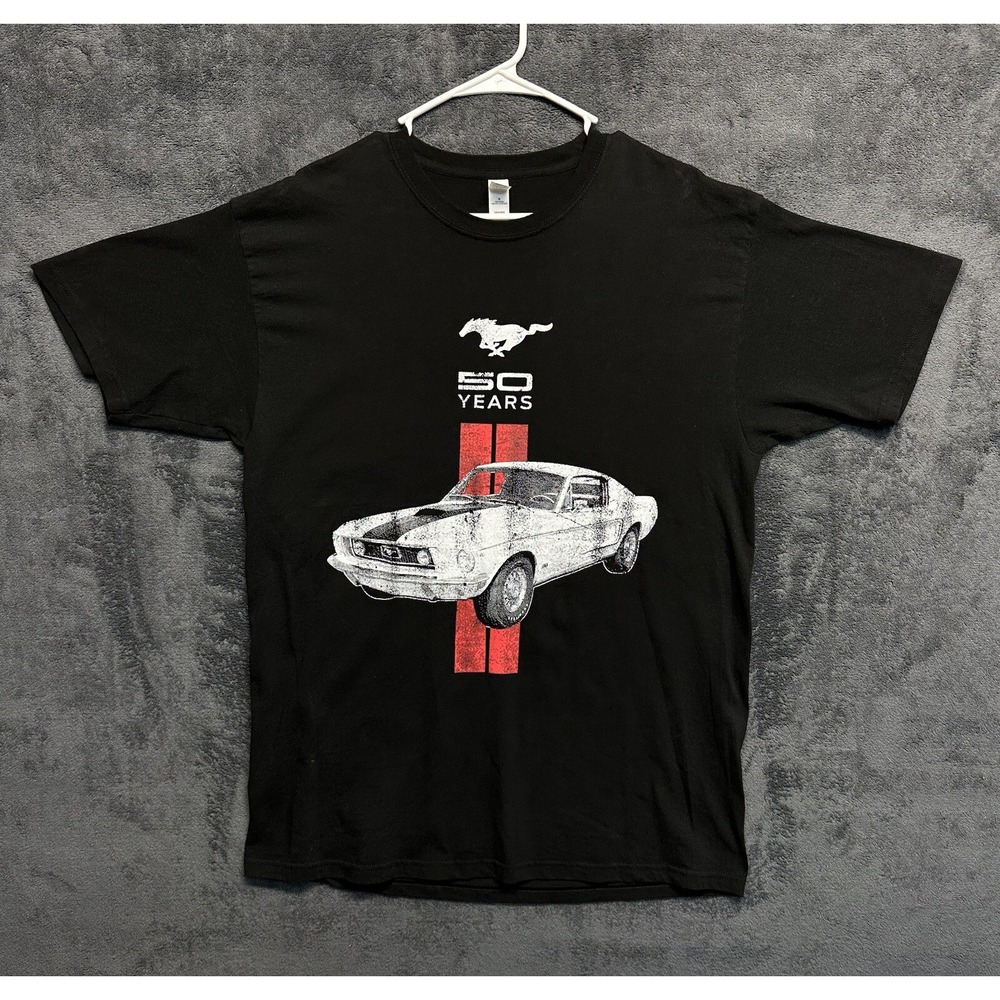 Retro Ford Mustang Shirt Men's Large 50th Anniversary Black Red Muscle Car Tee
